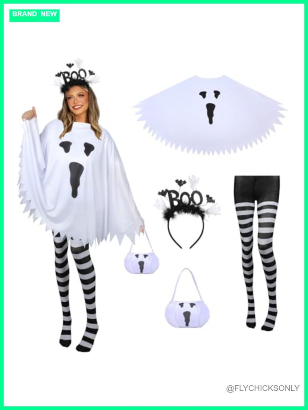 Ghost Halloween Costume Set for Women - Poncho Headband Candy Bag Tights